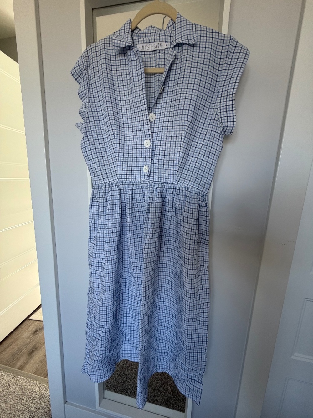 Christy Dawn Piper Dress Blue White Plaid 100% Linen Midi Size M USA